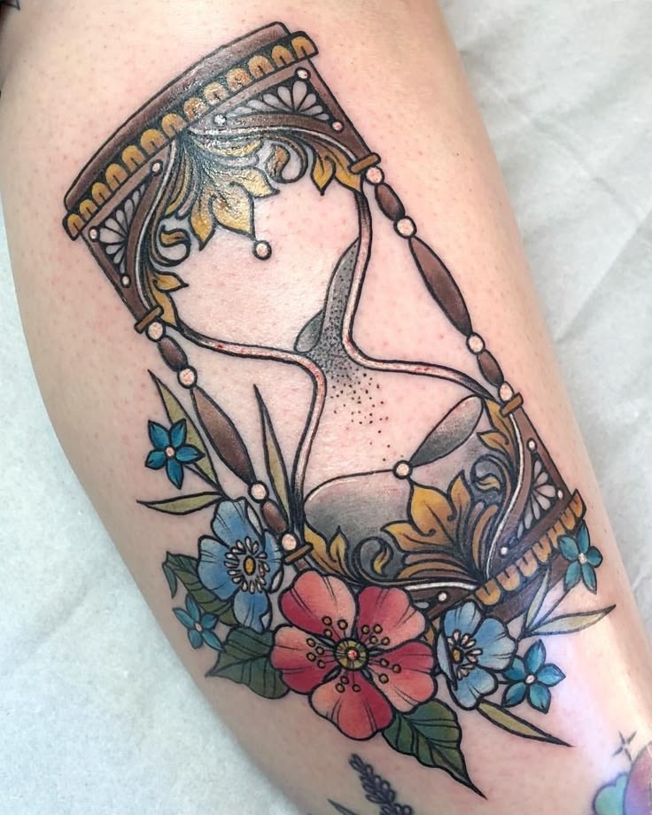 Bright Floral Nouveau Hourglass Tattoo Design
