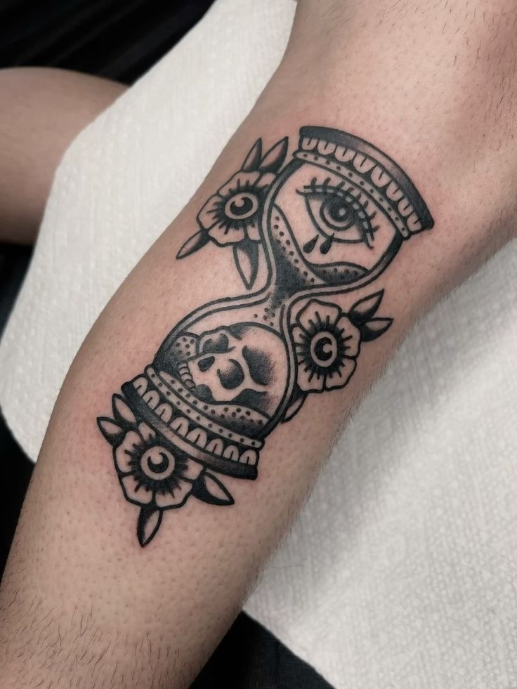 Neo-Traditional Eye and Skull Hourglass Tattoo Design