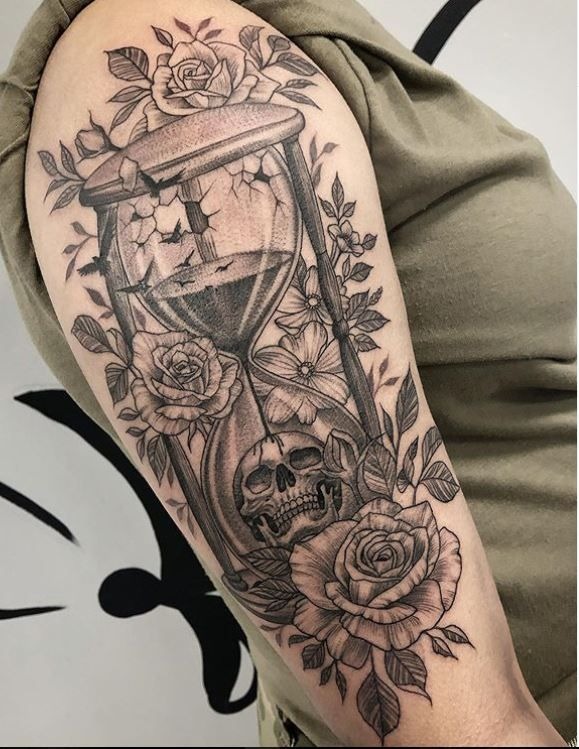 Skull and Roses Gothic Hourglass Tattoo Design