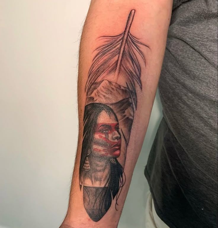 Feather and Portrait Fusion with Natural Elements Tattoo Design