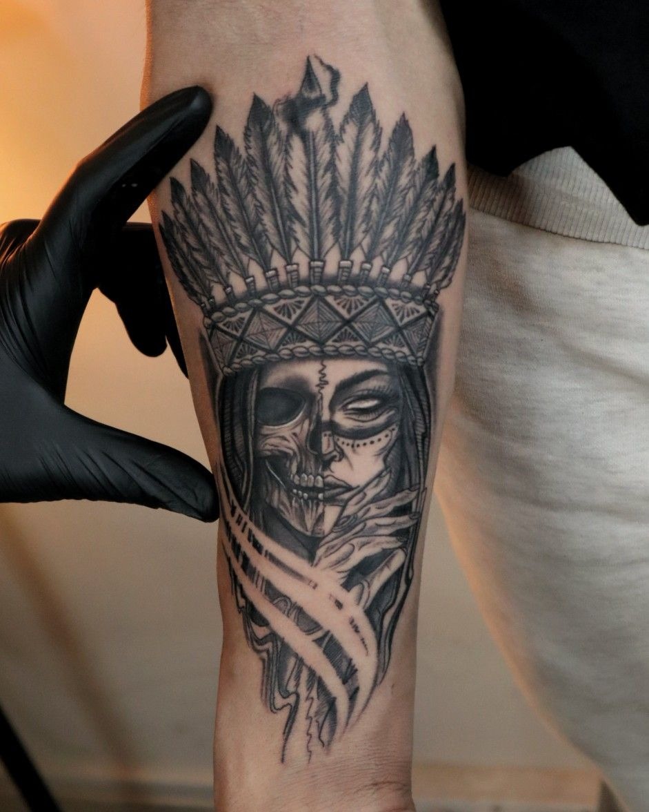 Vibrant American Traditional Warrior Head Tattoo Design