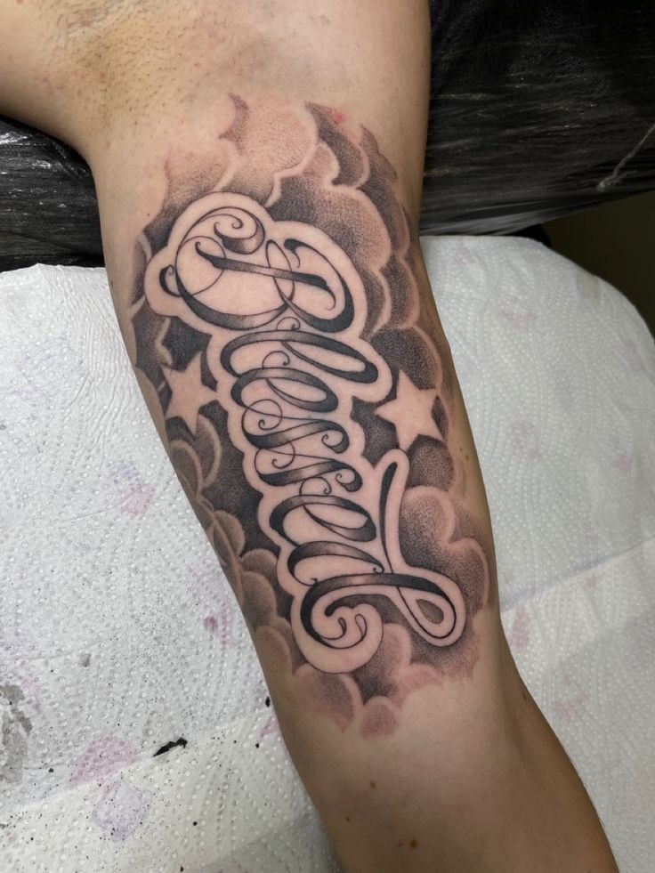 Blessed Script in Clouds Tattoo Tattoo Design
