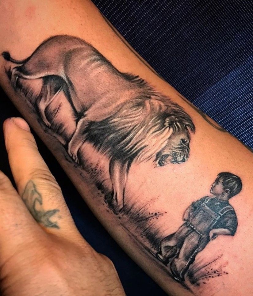 Boy and Lion Realism Tattoo Tattoo Design