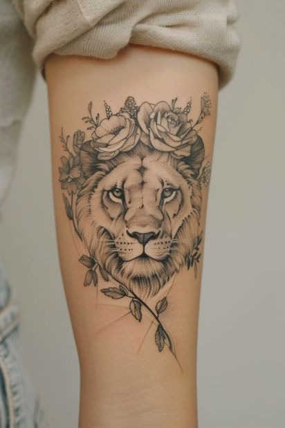 Regal Lion with Floral Crown Tattoo Design