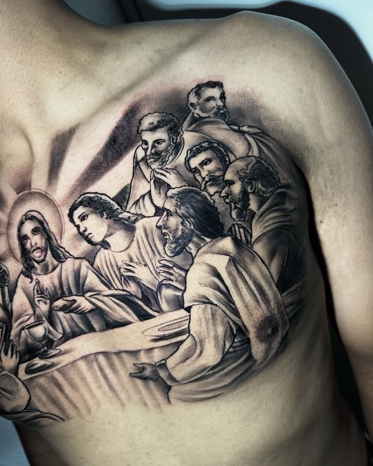 Full Back Crucifixion Scene with Mary Tattoo Design