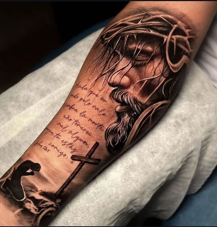 Gentle Jesus Portrait on Thigh Tattoo Design