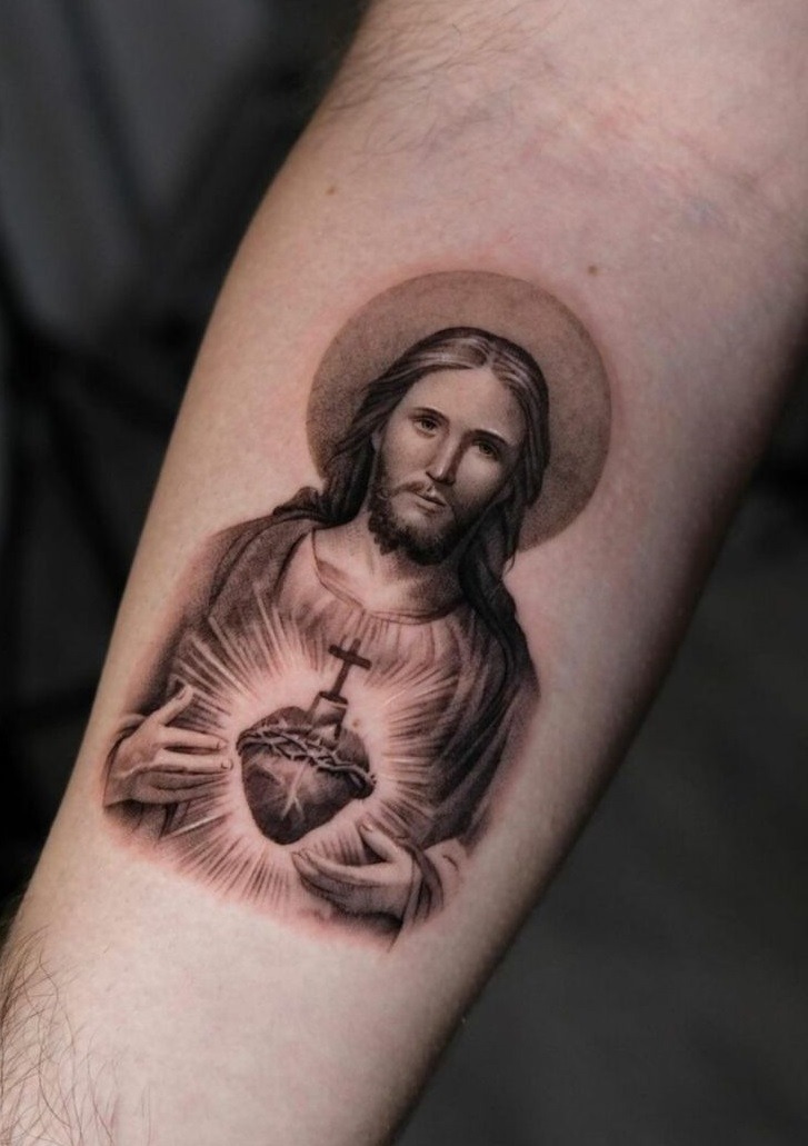 Jesus, Lion, and Cross Sleeve Tattoo Design