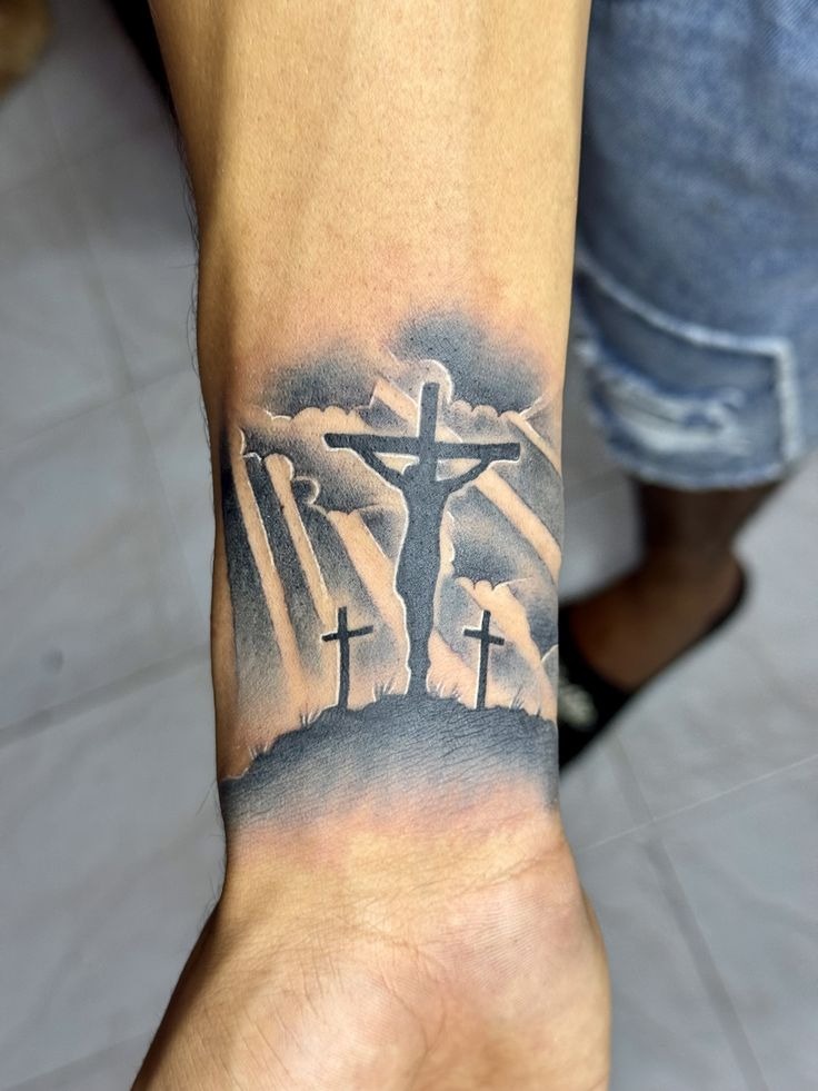 Stylized Jesus Crucifix Thigh Tattoo Tattoo Design