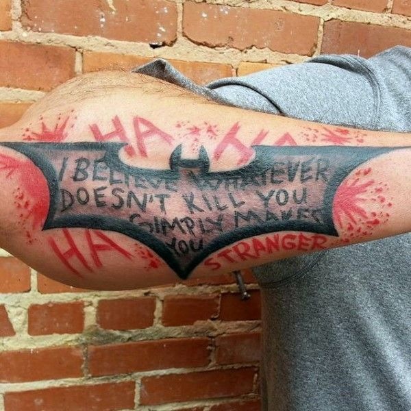 Bat Quote Arm Tattoo, a tattoo design rendered in bold for the hand.