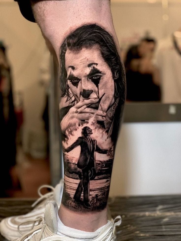 Black and Grey Leg Scene, a tattoo design rendered in clean detailed linework.