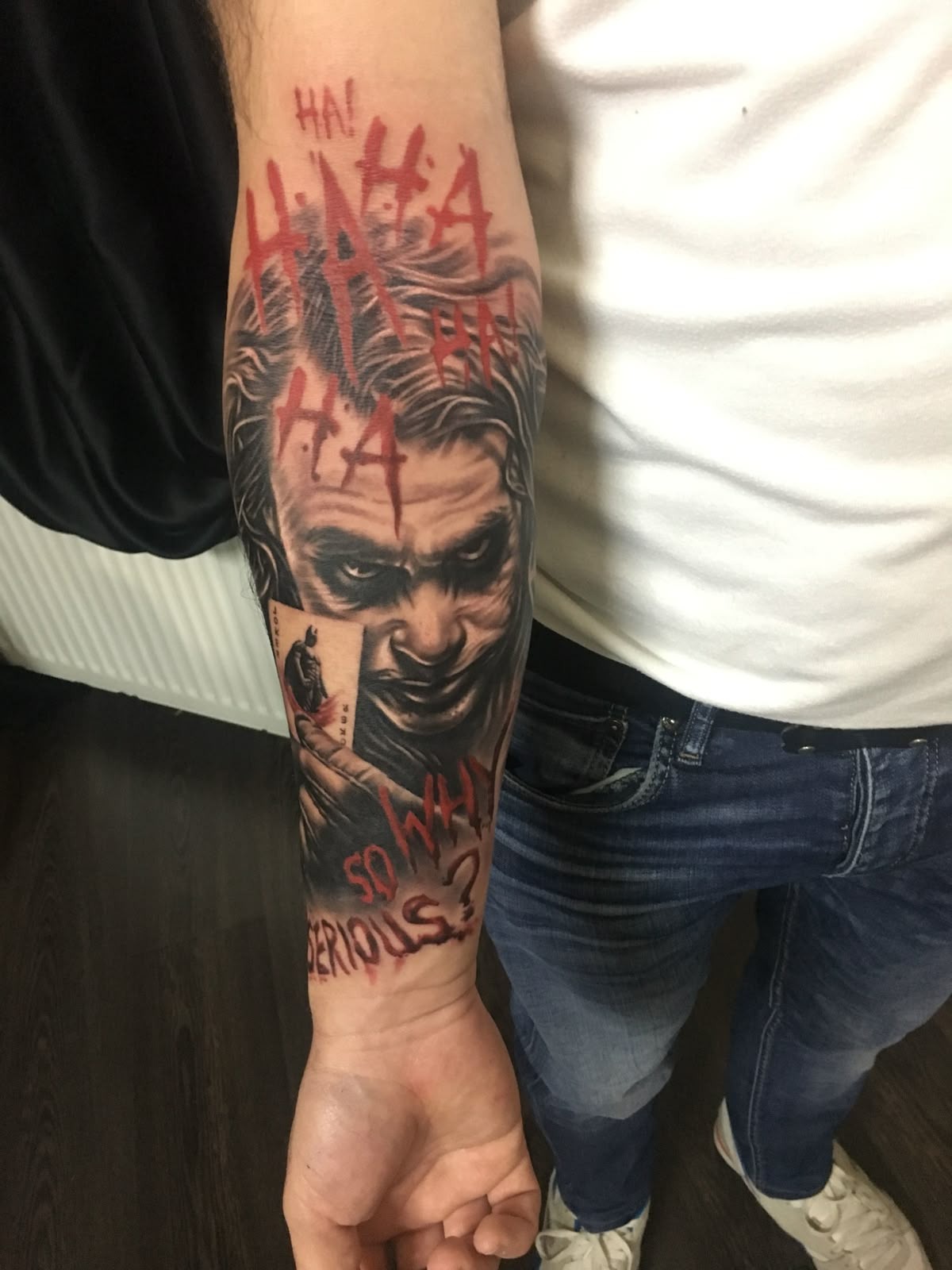 Red. Hahaha. Forearm Sleeve, a tattoo design rendered in bold.