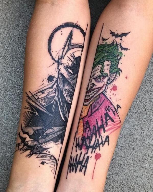 Split Hero and Villain Forearm Set, a tattoo design rendered in clean detailed linework.