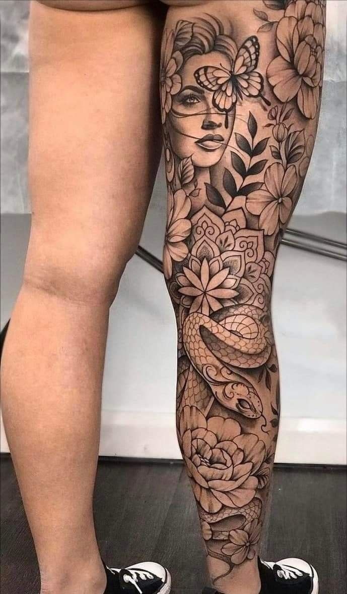 Butterfly Gaze and Serpent Bloom Tattoo Design