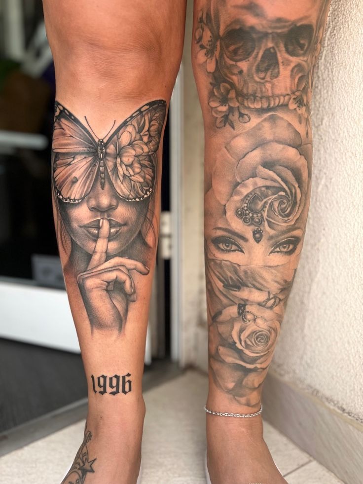 Dual-Leg Realism with Butterfly & Roses Tattoo Design