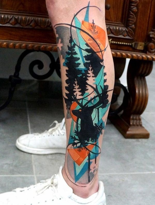 Forest Stag with Abstract Geometry Tattoo Design