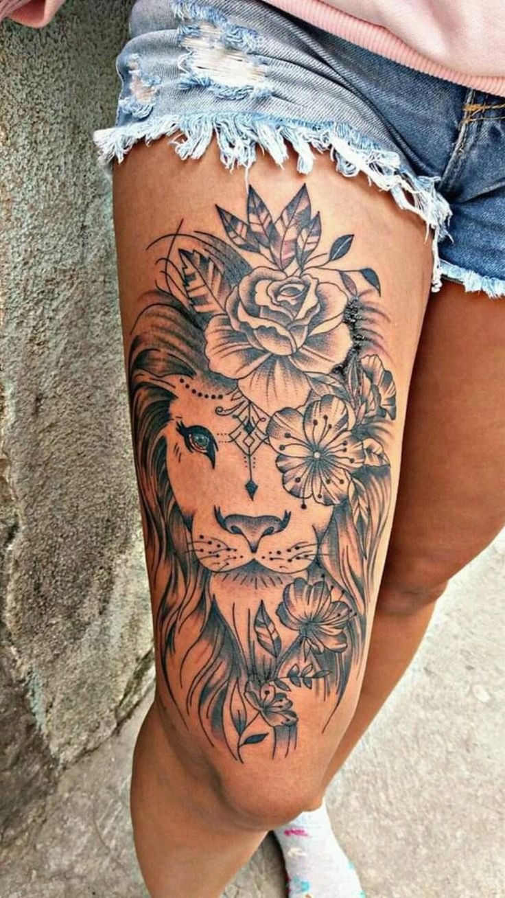 Lioness with Floral Crown Tattoo Design