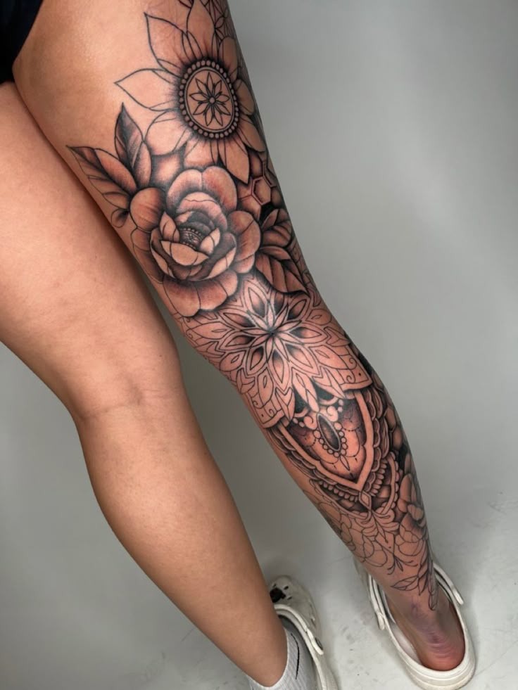Mandala Meets Botanical Full Leg Sleeve Tattoo Design