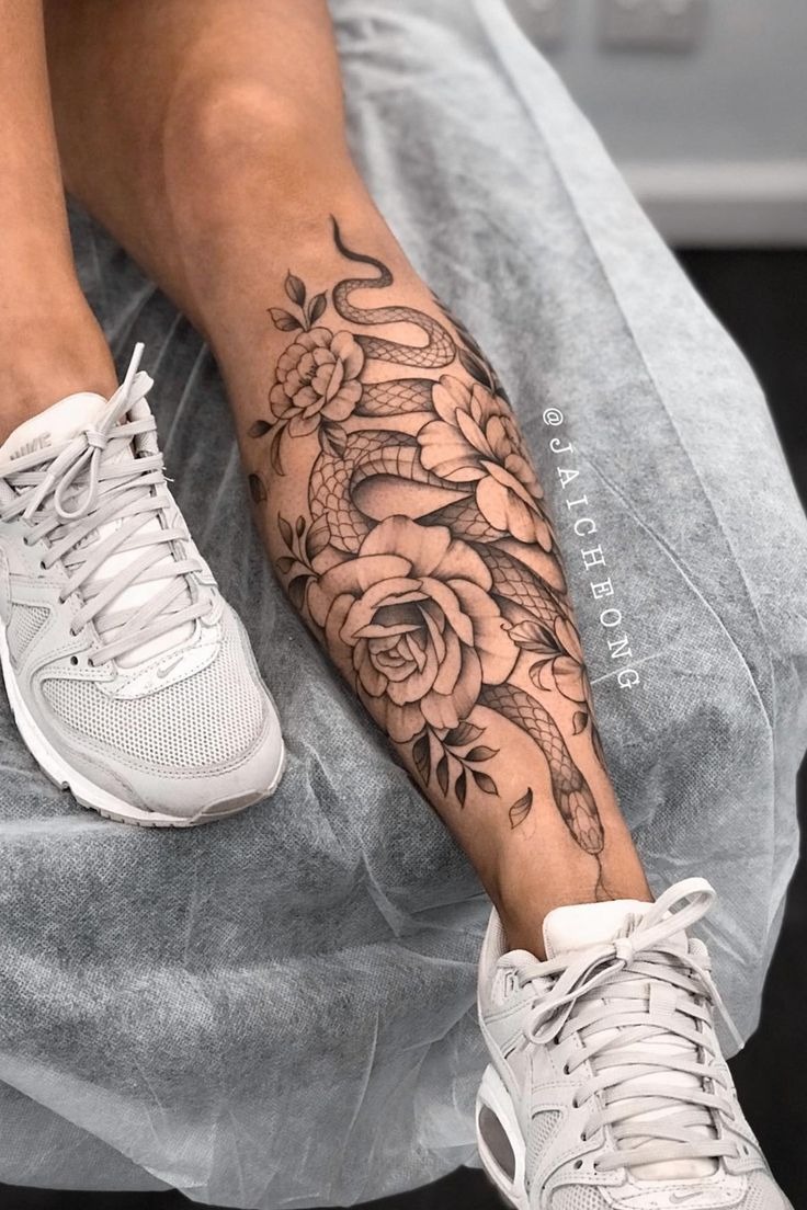 Snake & Rose Classic Blackwork Tattoo Design