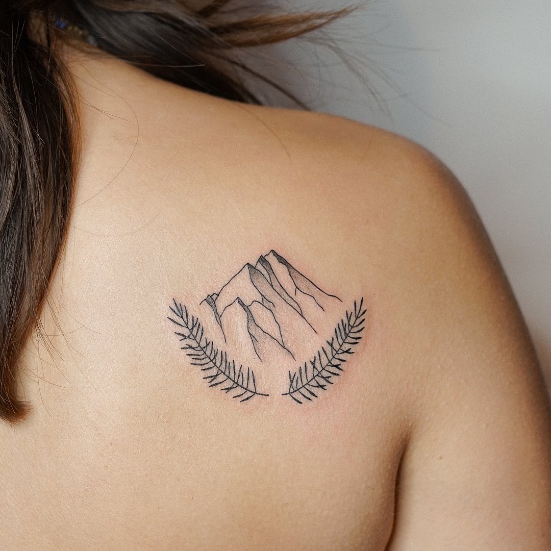 Mountain and Pine Branch Tattoo Tattoo Design