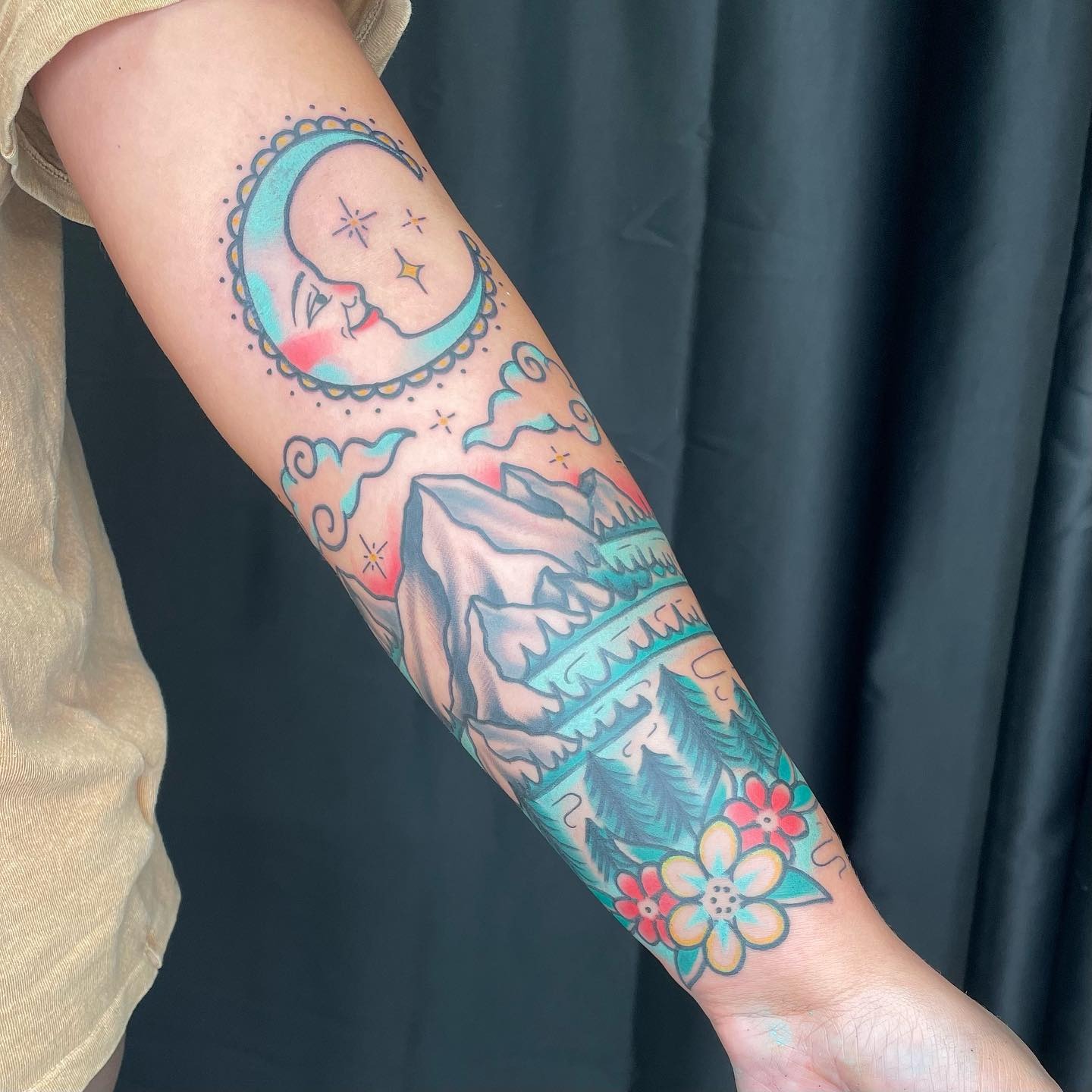 Traditional Mountain Moon Tattoo Tattoo Design