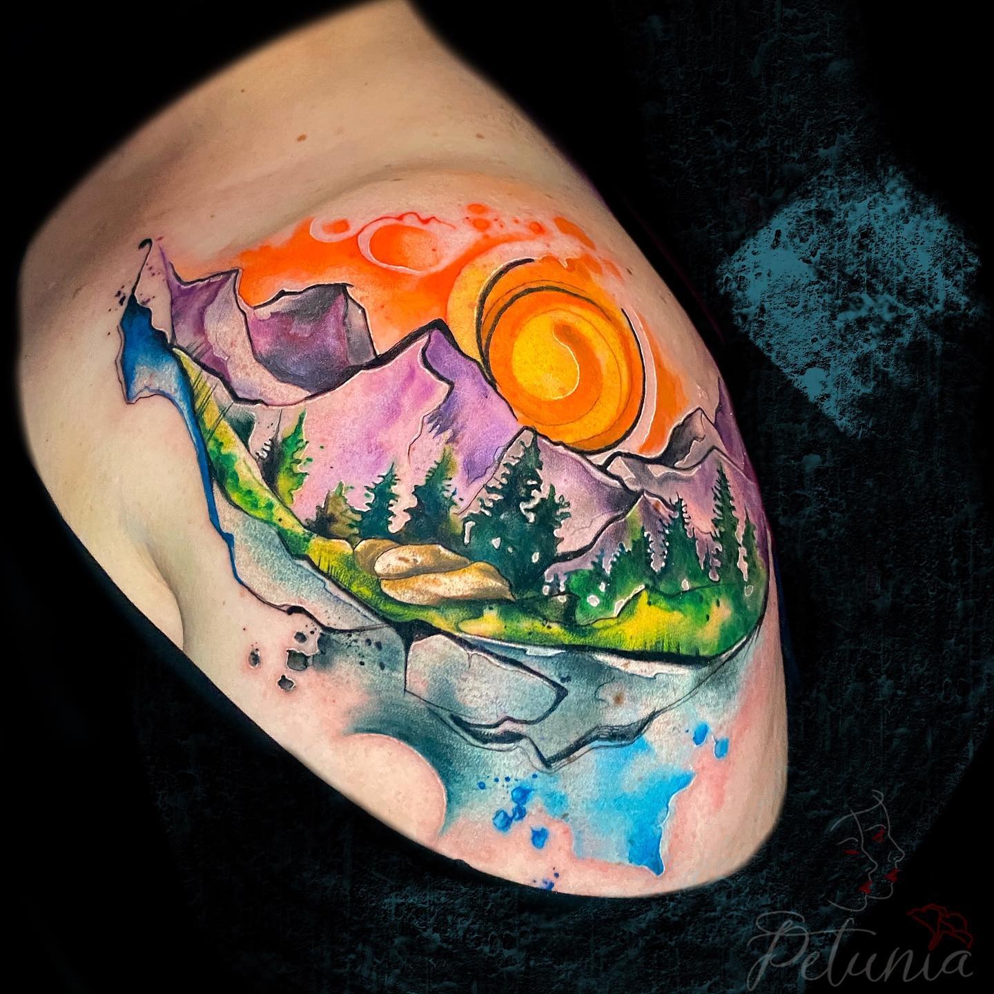 Watercolor Mountain Sunset Tattoo Tattoo Design