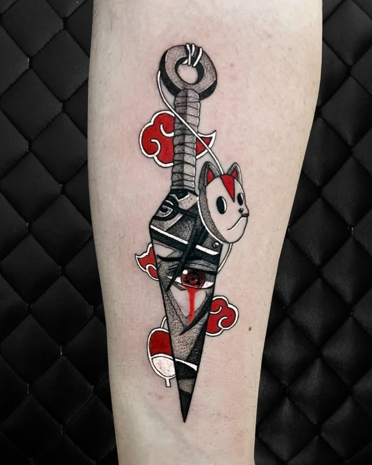 Akatsuki Kunai with Mask Cat Tattoo Design