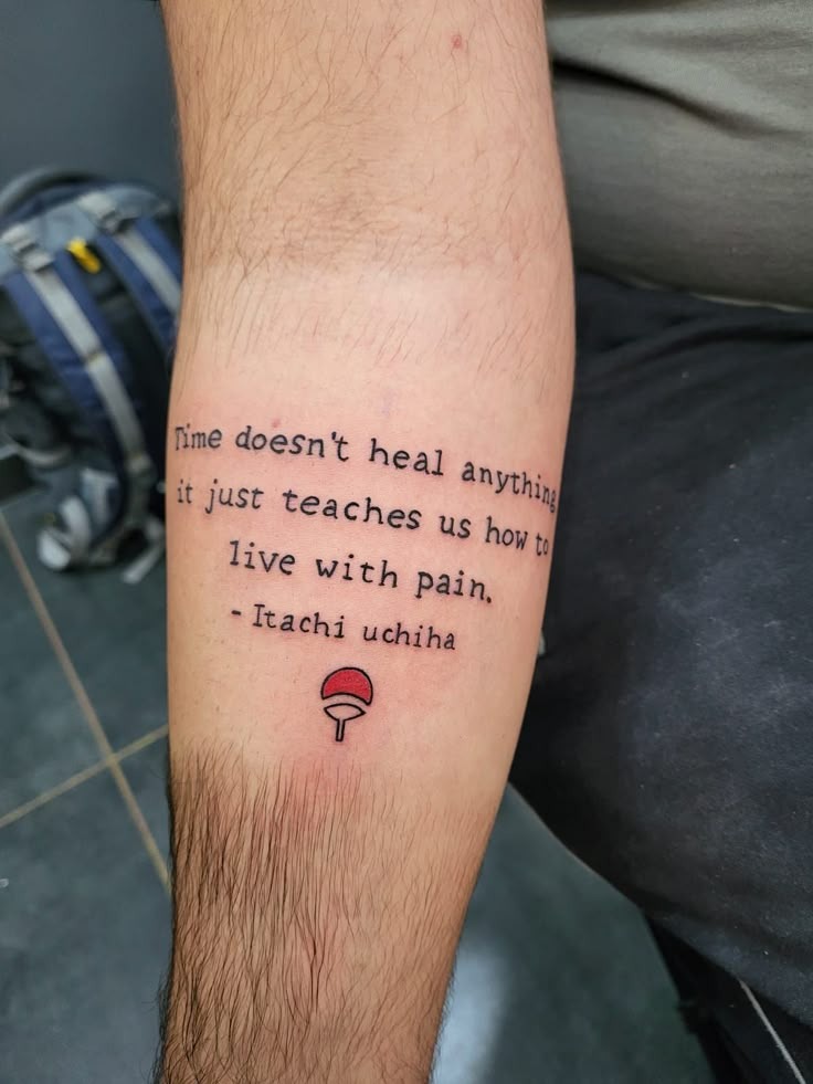 Itachi Quote with Uchiha Fan Tattoo Design