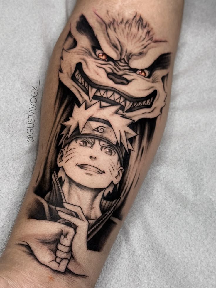 Naruto and Kurama Shadow Duo Tattoo Design