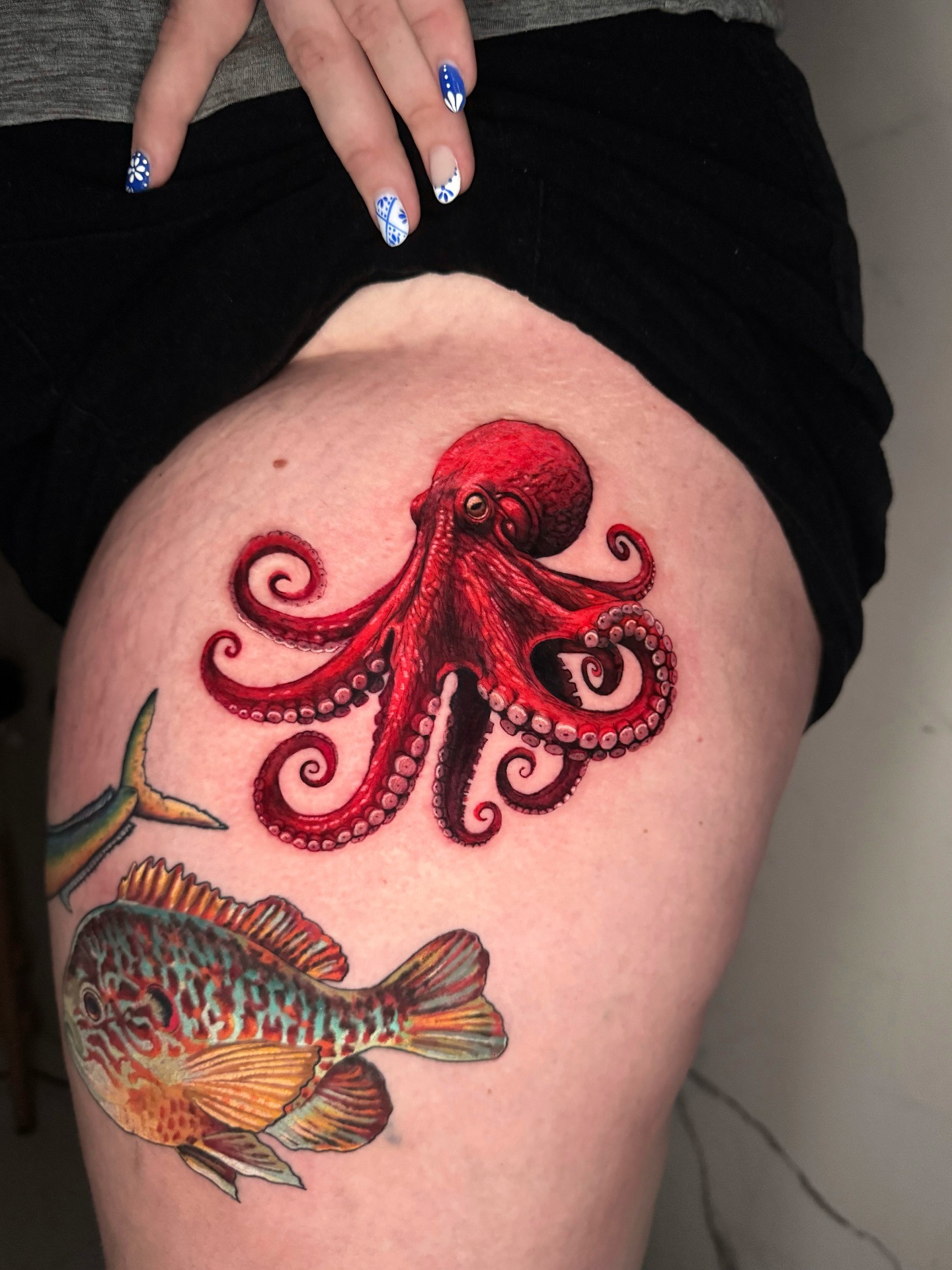 Bright Red Octopus Thigh Tattoo Tattoo Design