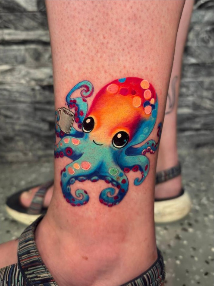 Cute Cartoon Octopus Tattoo with Coffee Mug Tattoo Design