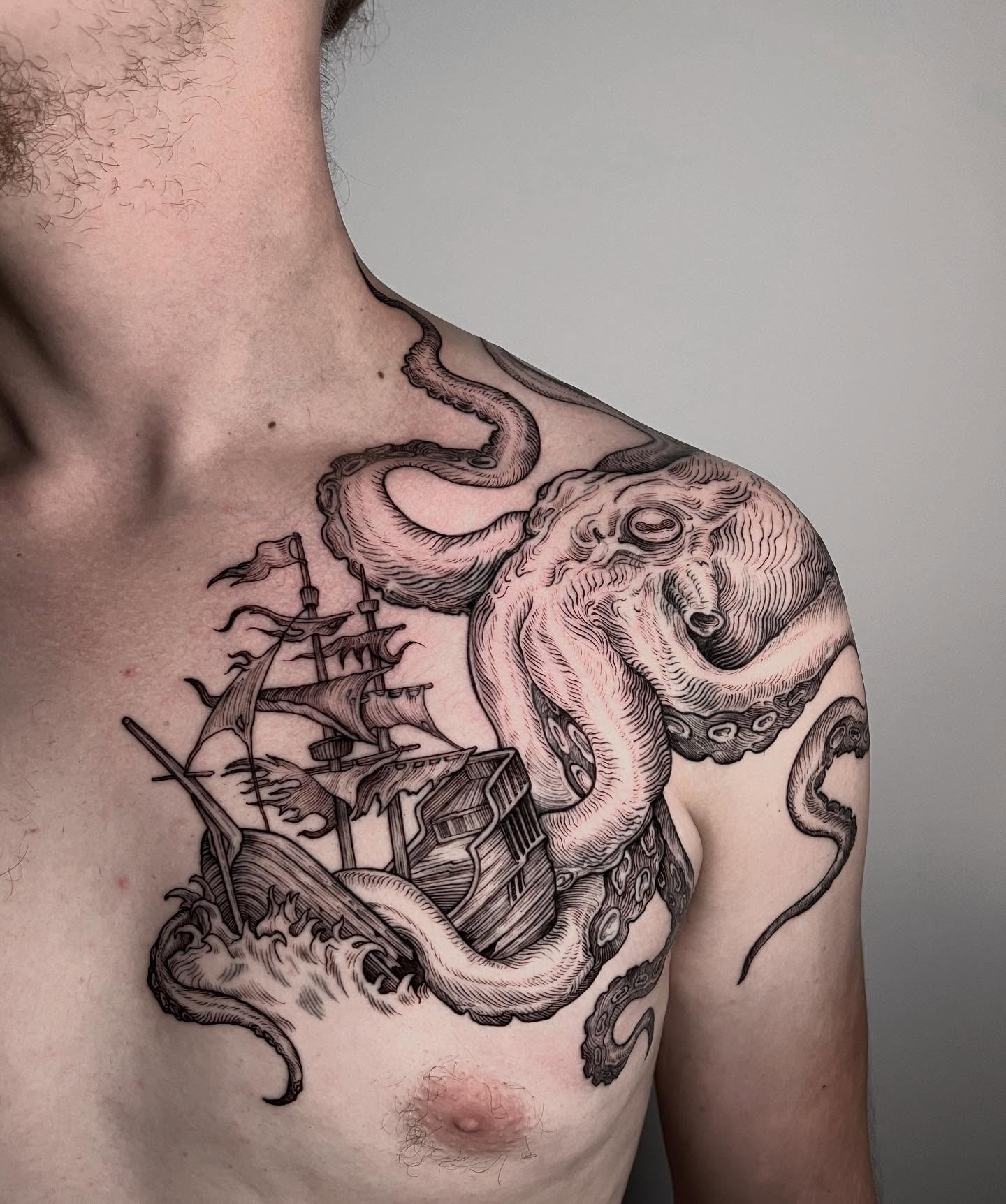 Kraken and Ship Chest Tattoo Tattoo Design