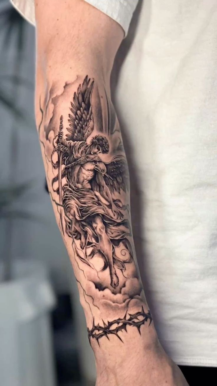 Archangel in Heavenly Motion Tattoo Design
