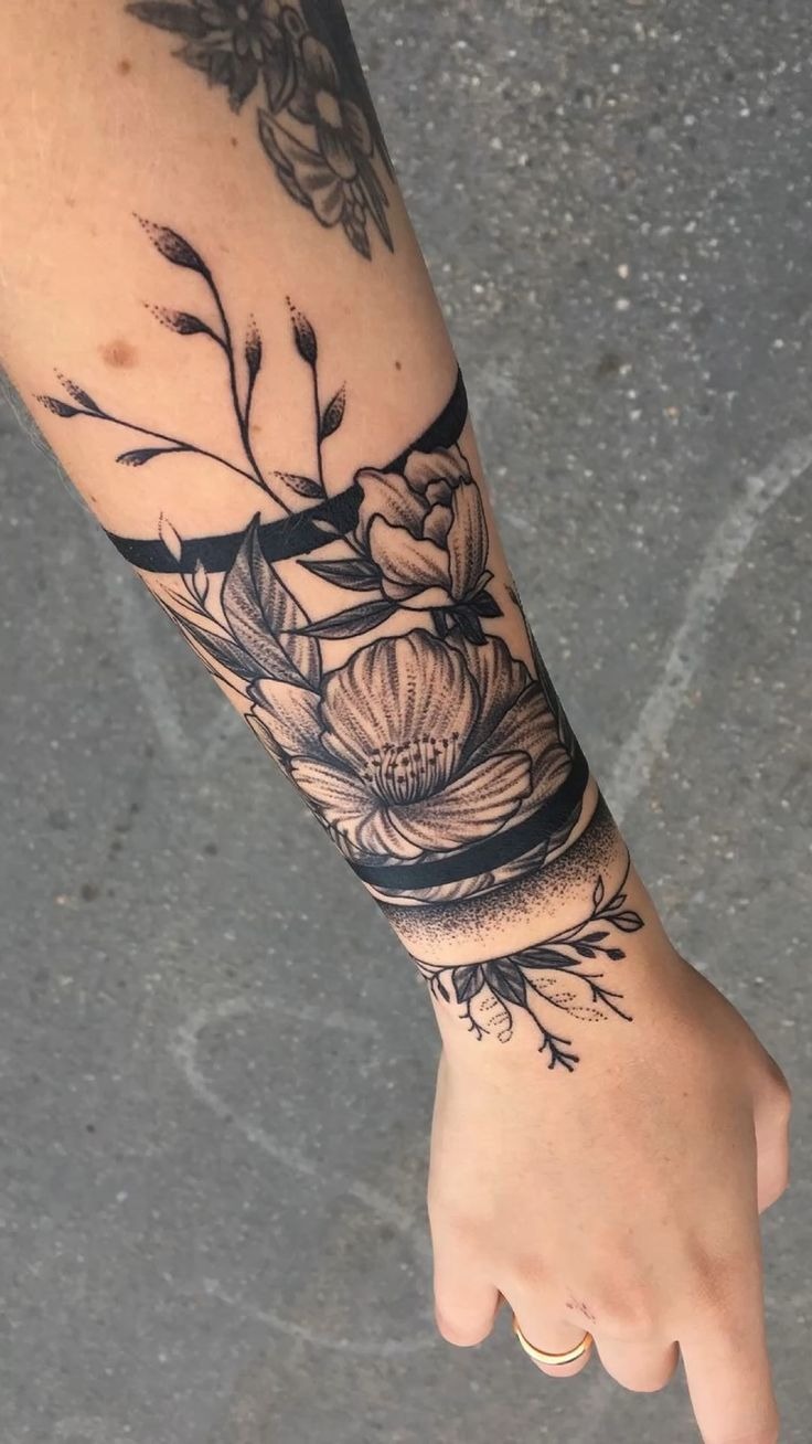 Botanical Band with Soft Florals Tattoo Design