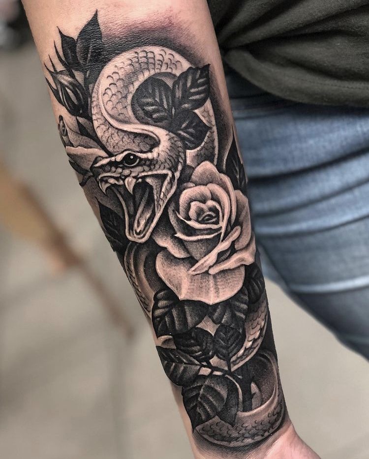 Coiled Snake and Rose Realism Tattoo Design