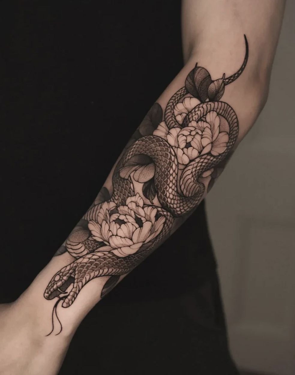 Elegant Snake and Peony Flow Tattoo Design