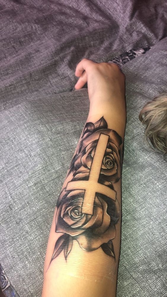 Inverted Cross with Dark Roses Tattoo Design