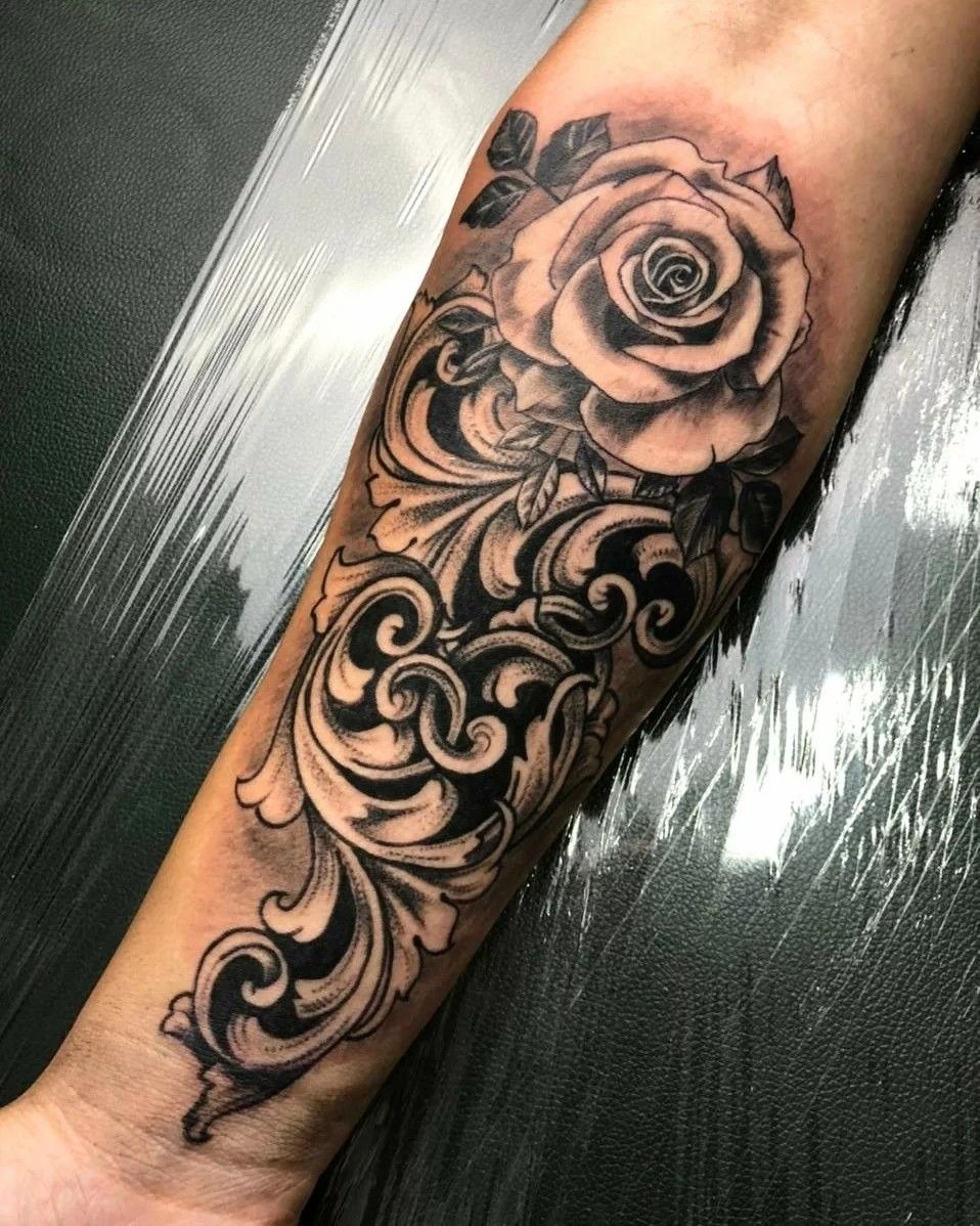 Ornamental Rose and Baroque Flow Tattoo Design
