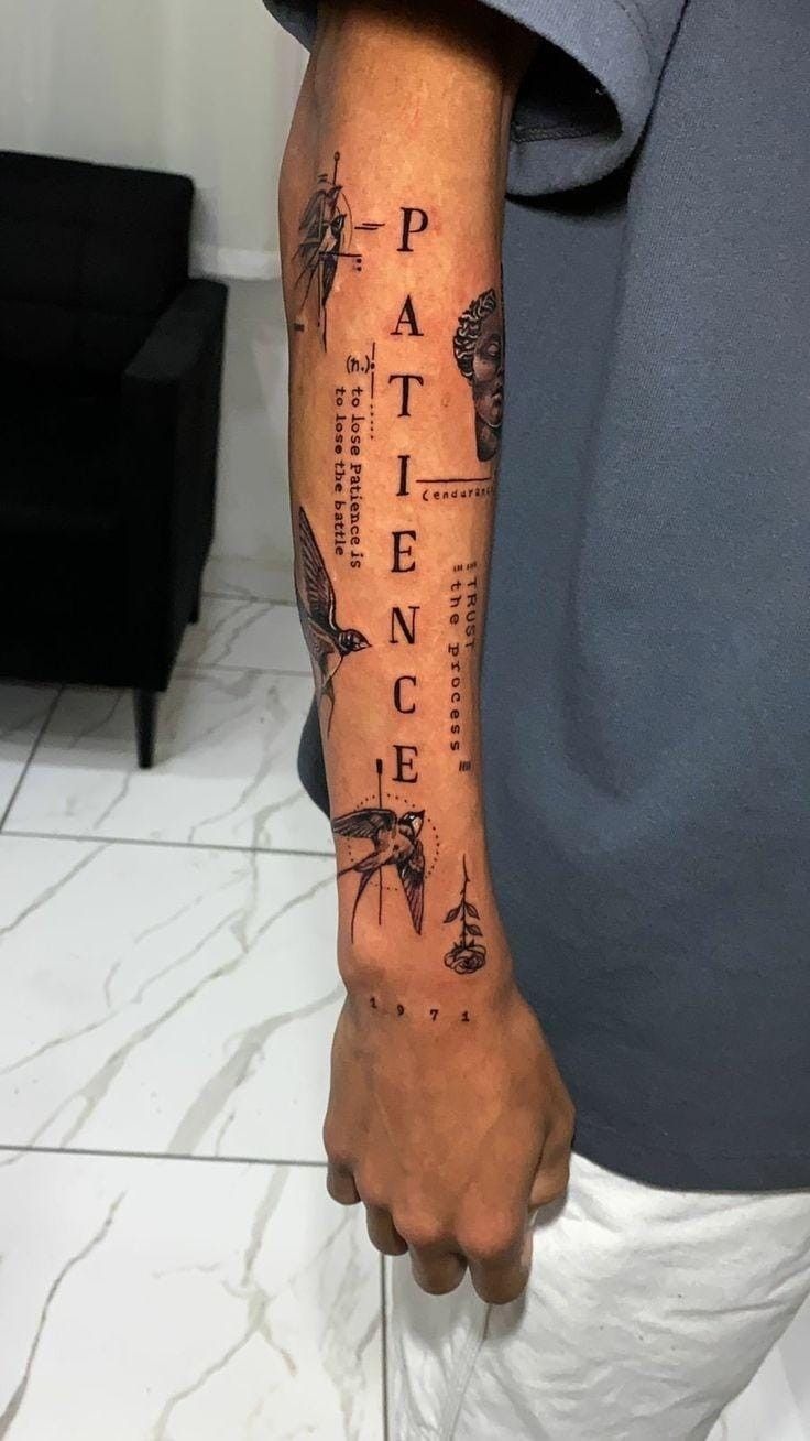 Patience Script and Swallow Symbols Tattoo Design