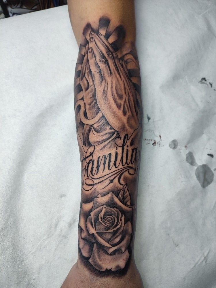 Praying Hands and Family Rose Tribute Tattoo Design