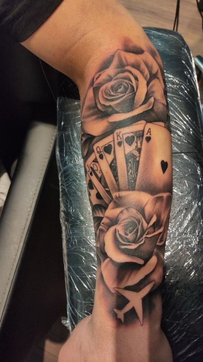 Roses, Cards, and Airplane Symbolism Tattoo Design