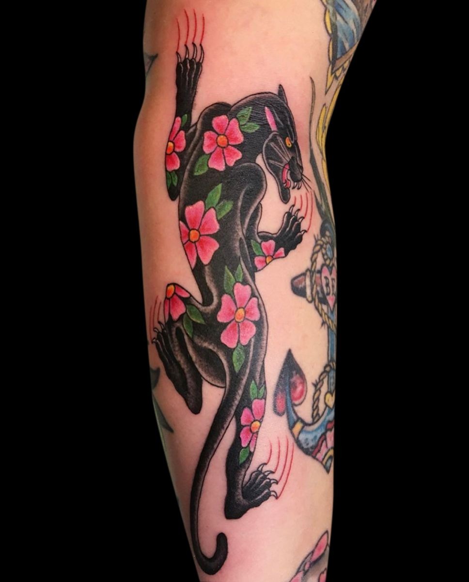 Floral Crawling Panther Tattoo Design