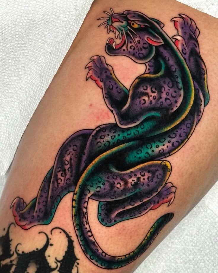 Jewel-Toned Crawling Panther Tattoo Design