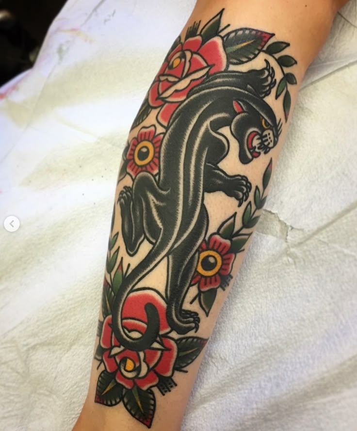 Long Panther and Rose Forearm Piece Tattoo Design