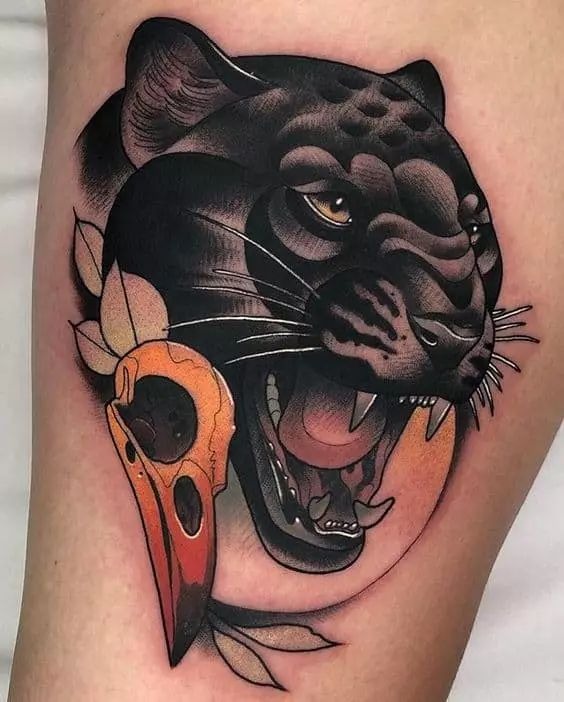 Panther and Bird Skull Portrait Tattoo Design