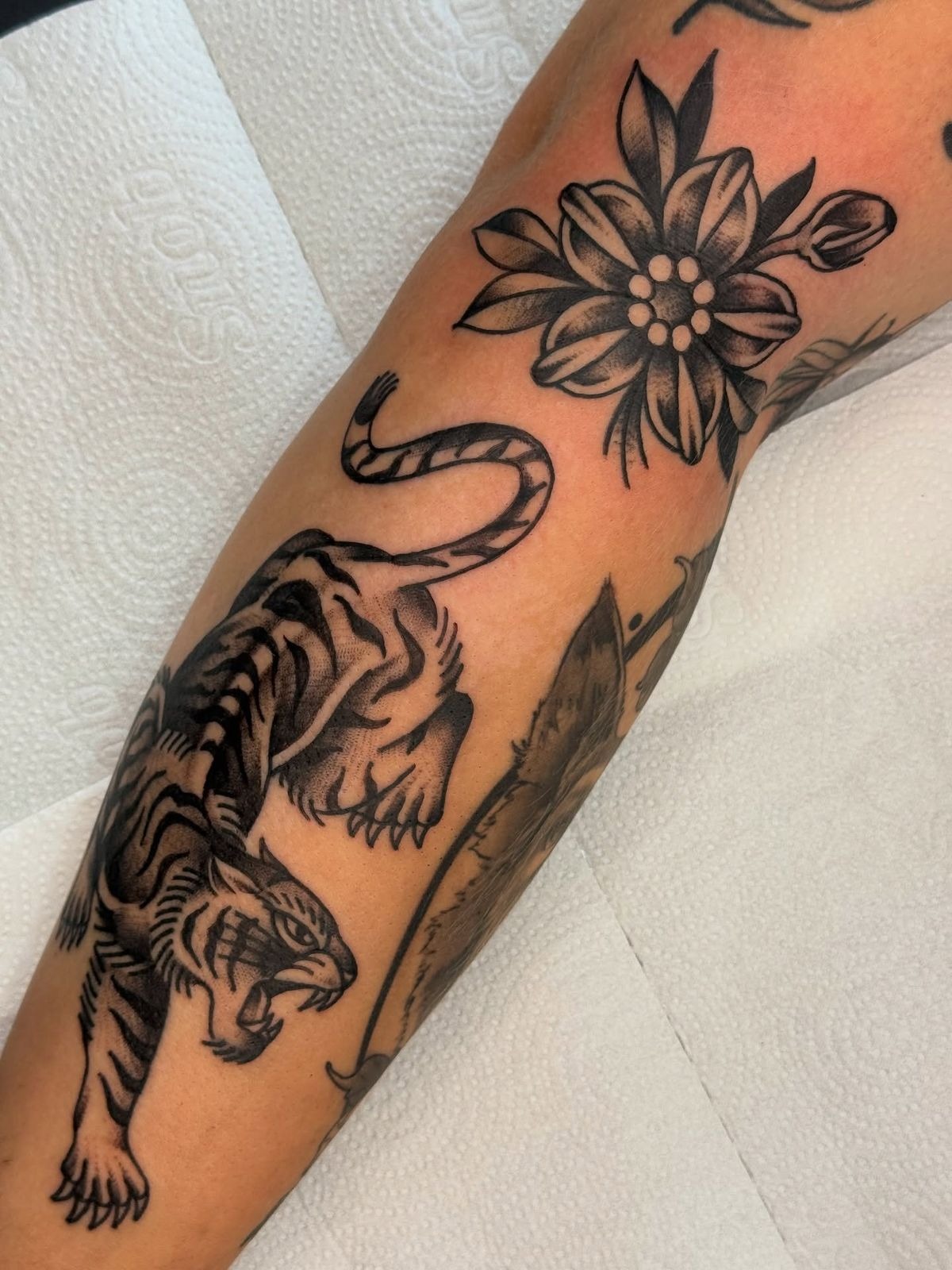 Panther and Tiger-Inspired Blackwork Pairing Tattoo Design