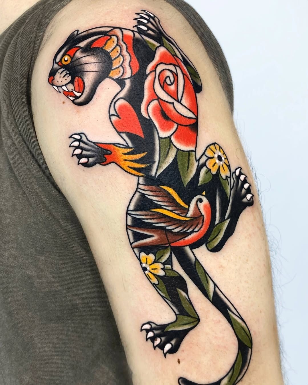 Patchwork Panther With Roses Tattoo Design