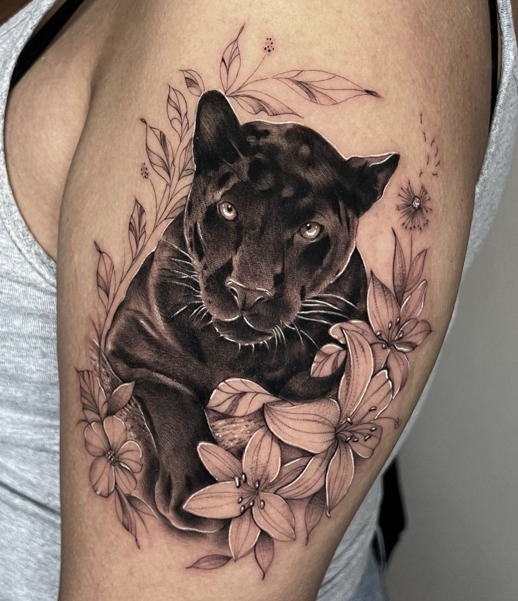Realistic Panther With Lilies Tattoo Design