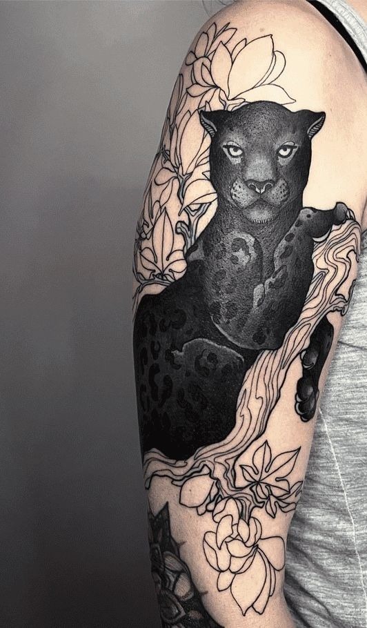 Resting Panther With Botanical Linework Tattoo Design