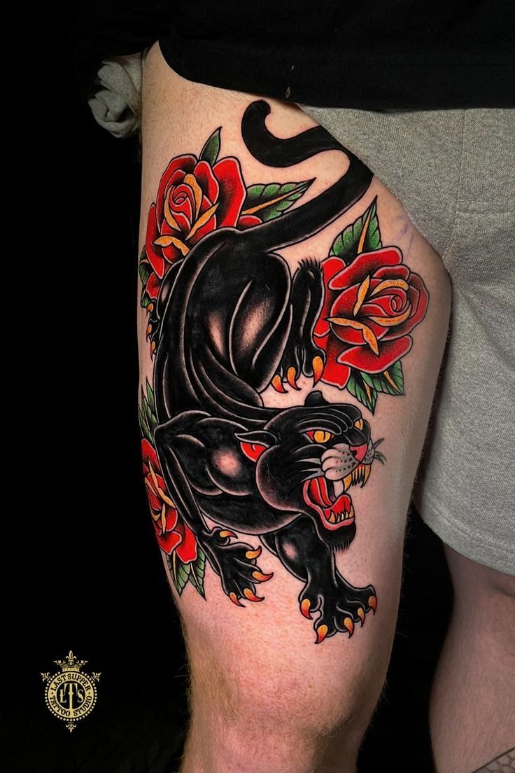 Rose-Framed Thigh Panther Tattoo Design