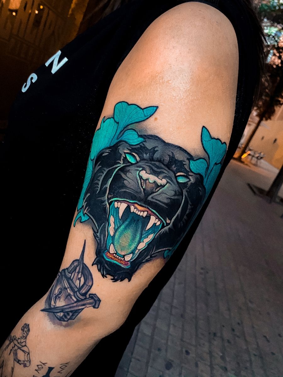 Teal Botanical Panther Tattoo Design